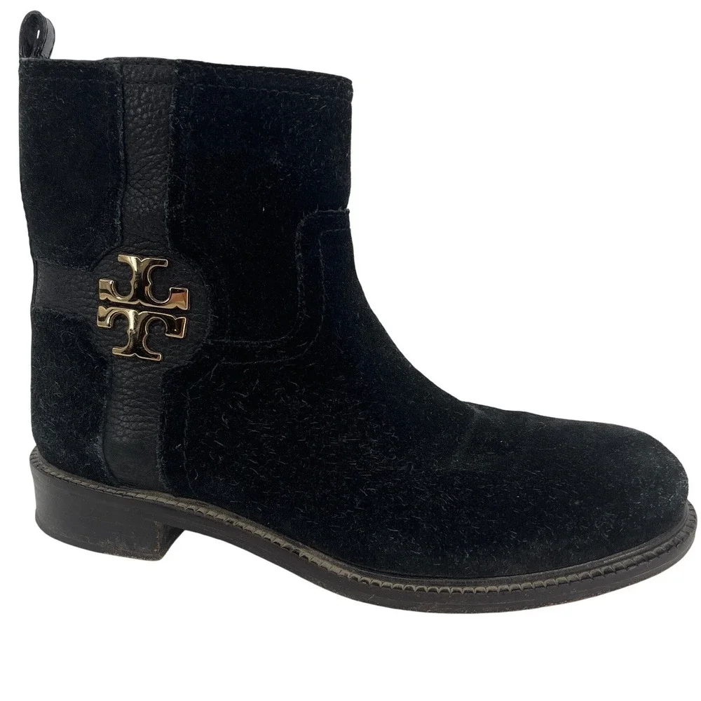 Tory Burch Alaina Ankle Boots Womens 7M Black Suede Gold Logo Side Zip Low Heel